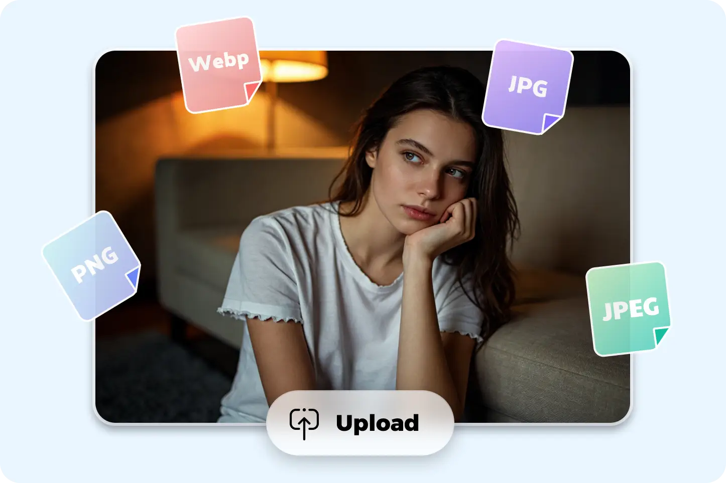 Retrato de mulher enviado para o editor de fotos IA online PhotoGrid, com ícones de formatos suportados JPG, JPEG, PNG e WebP ao redor