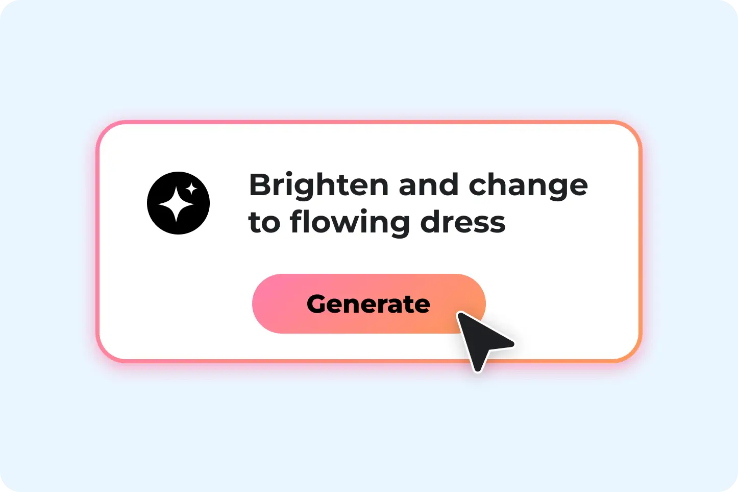 Card de prompt de edição IA do PhotoGrid com a instrução Brighten and change to flowing dress e botão Gerar, mostrando como editar fotos com IA usando comandos de texto simples