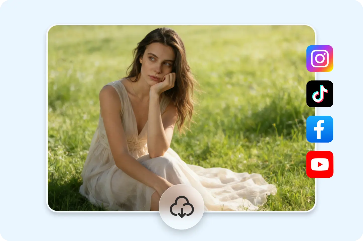 Foto editada por IA de mulher em vestido fluido sentada na grama, com ícone de download e logos do Instagram, TikTok, Facebook e YouTube para compartilhamento direto nas redes sociais