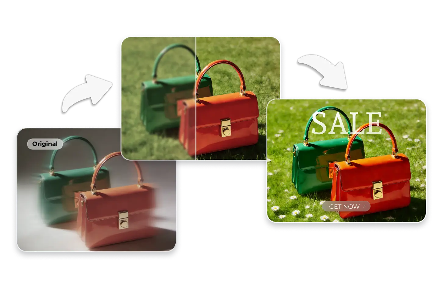 Comparação antes e depois de edição IA em imagens de produto: foto desfocada de bolsa transformada em banner de venda vibrante e nítido pronto para listagens de e-commerce