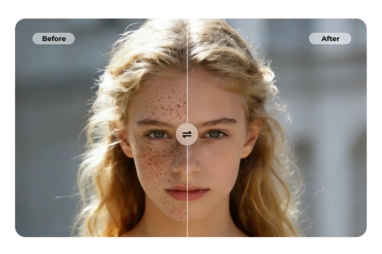 Retrato dividido antes e depois mostrando retoque facial IA no PhotoGrid: manchas e acne removidos à esquerda, pele suavizada naturalmente com textura preservada à direita