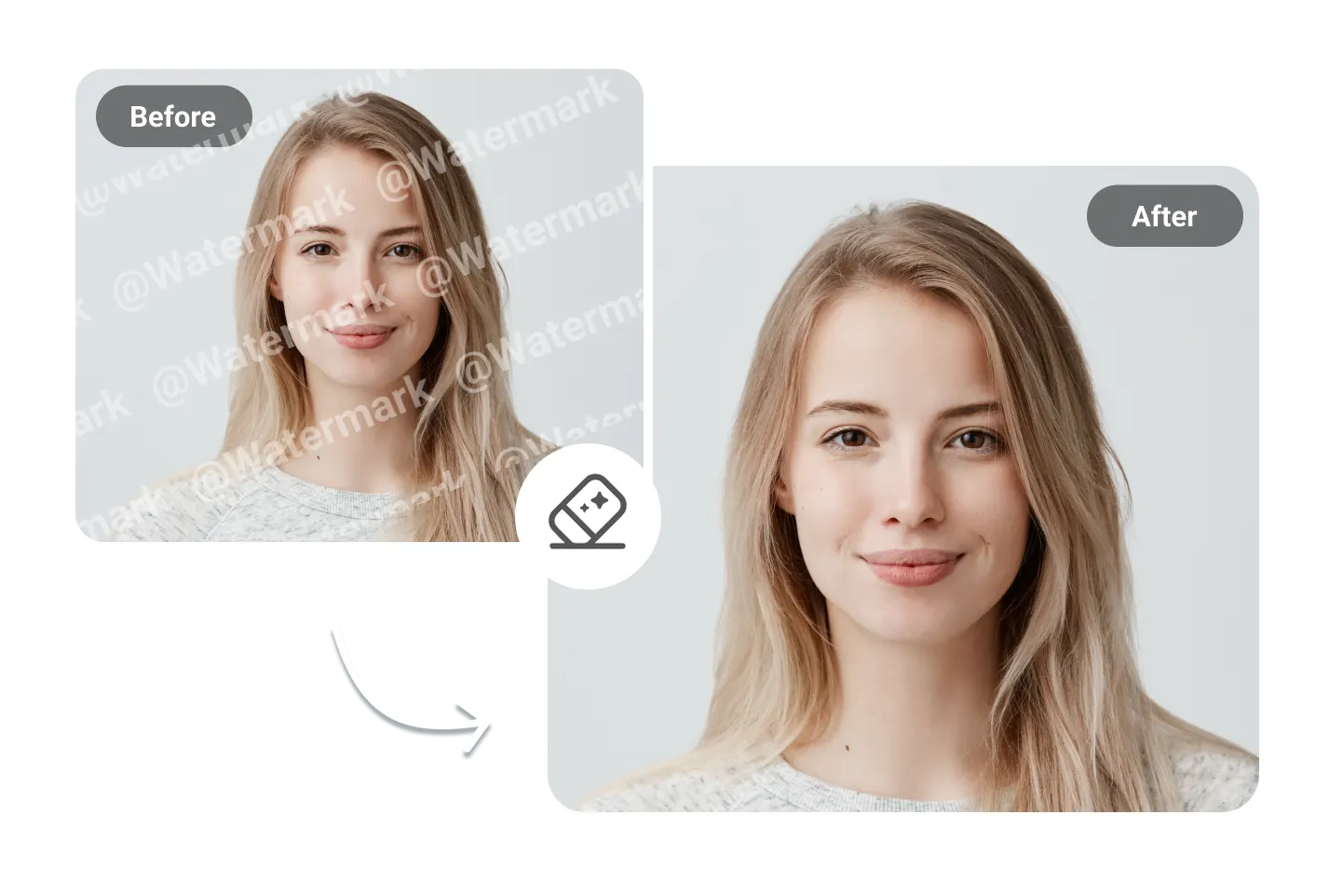 Before and after portrait with watermark removed from a woman's face
