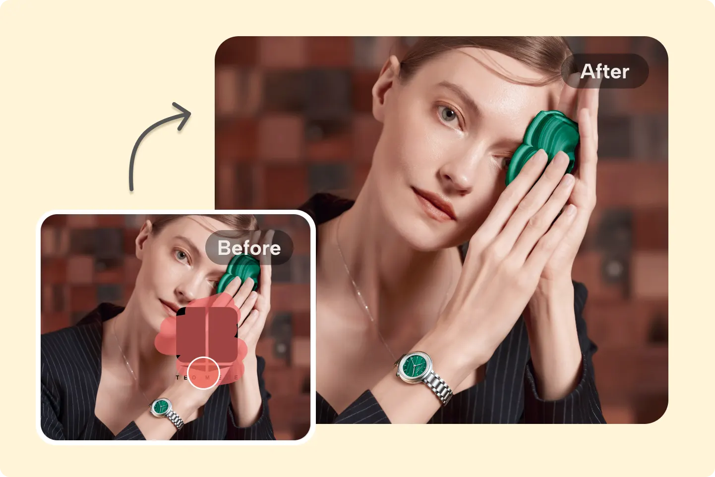 Product photo of woman holding green crystal, showing AI watermark remover erasing brand logo for clean commercial use