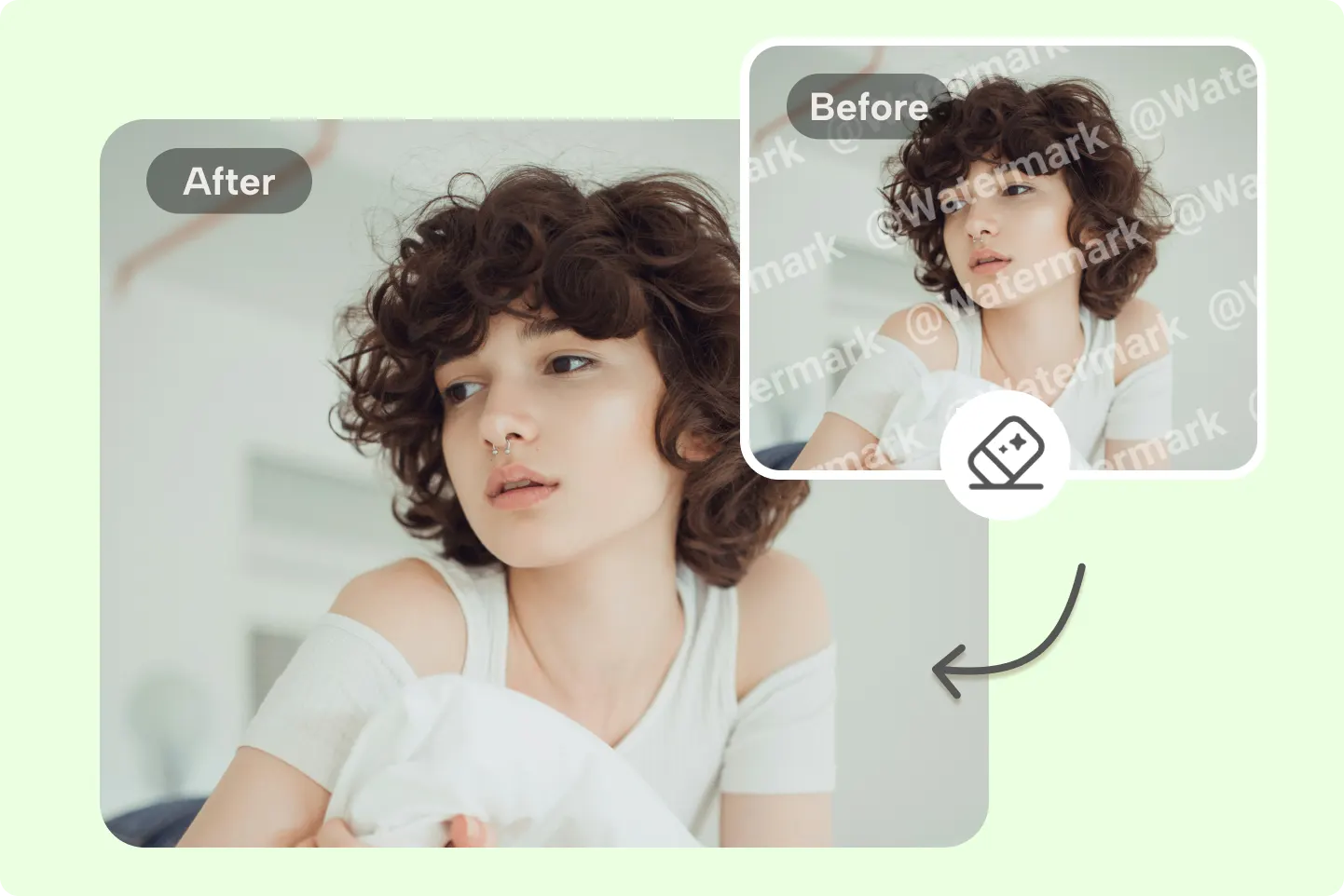 Before and after portrait of a curly-haired woman with watermark removed using AI watermark eraser