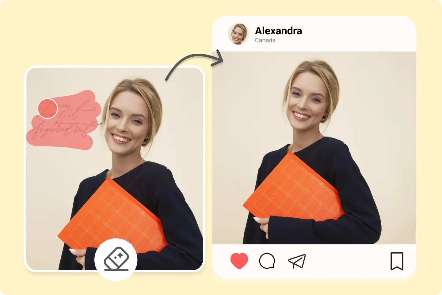 Instagram-style photo showing watermark and text removed from a woman holding an orange folder for clean profile visuals