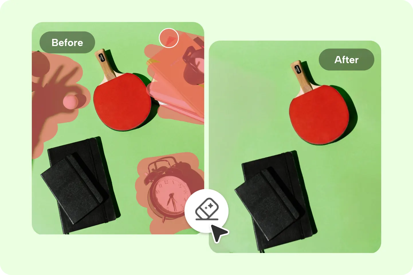 Flat lay of table tennis paddle and notebooks with watermark and shadow elements removed to clean up image background