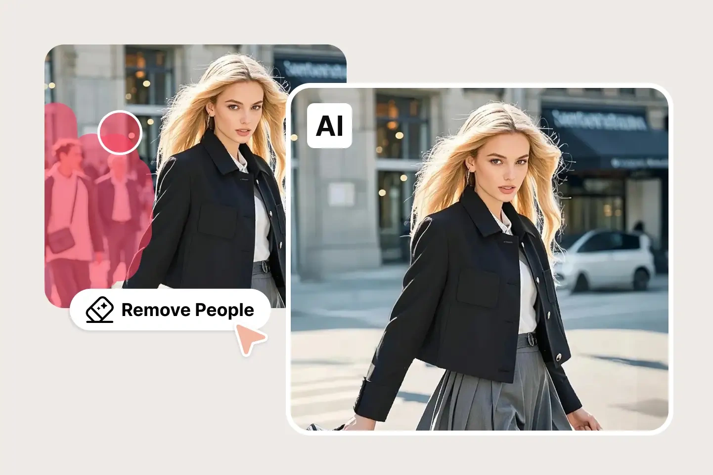 remove background pedestrians in street photos and keep the main subject clear