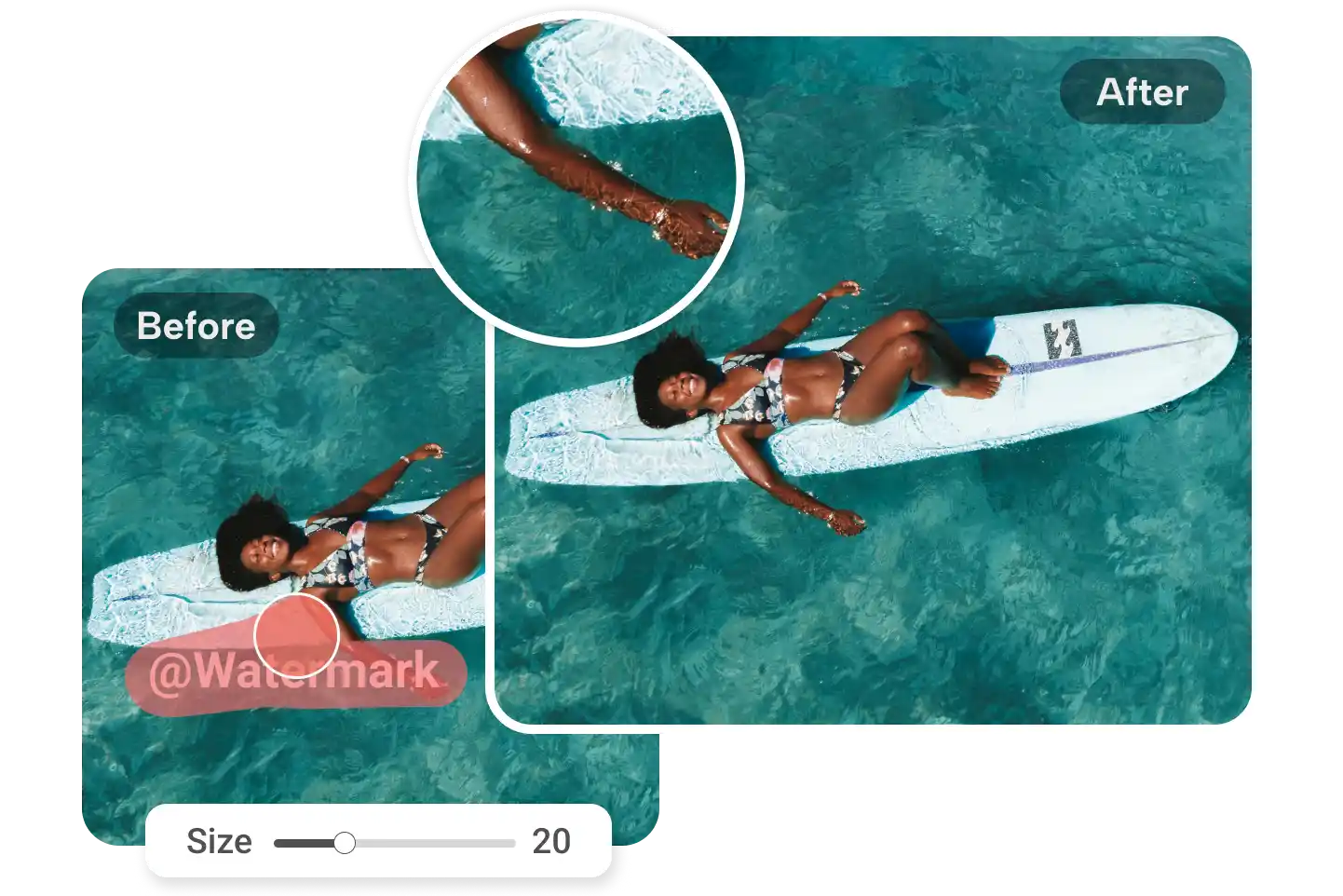 Using a manual brush tool to precisely remove watermark from a woman on a surfboard photo in the ocean