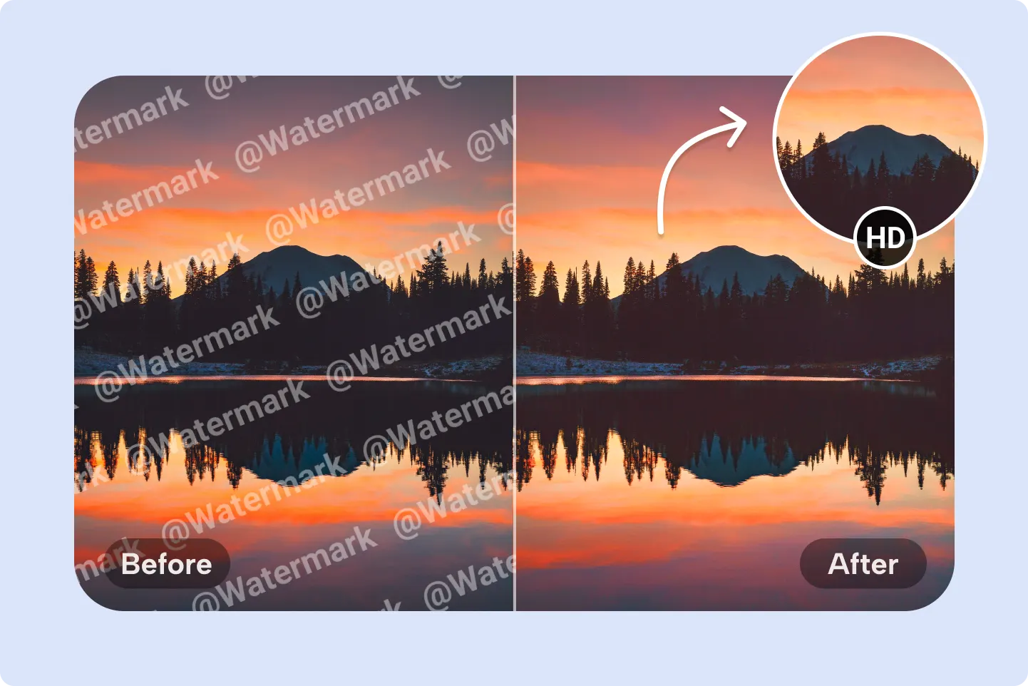 Before and after landscape photo showing watermark removed from sunset lake view with HD image quality preserved