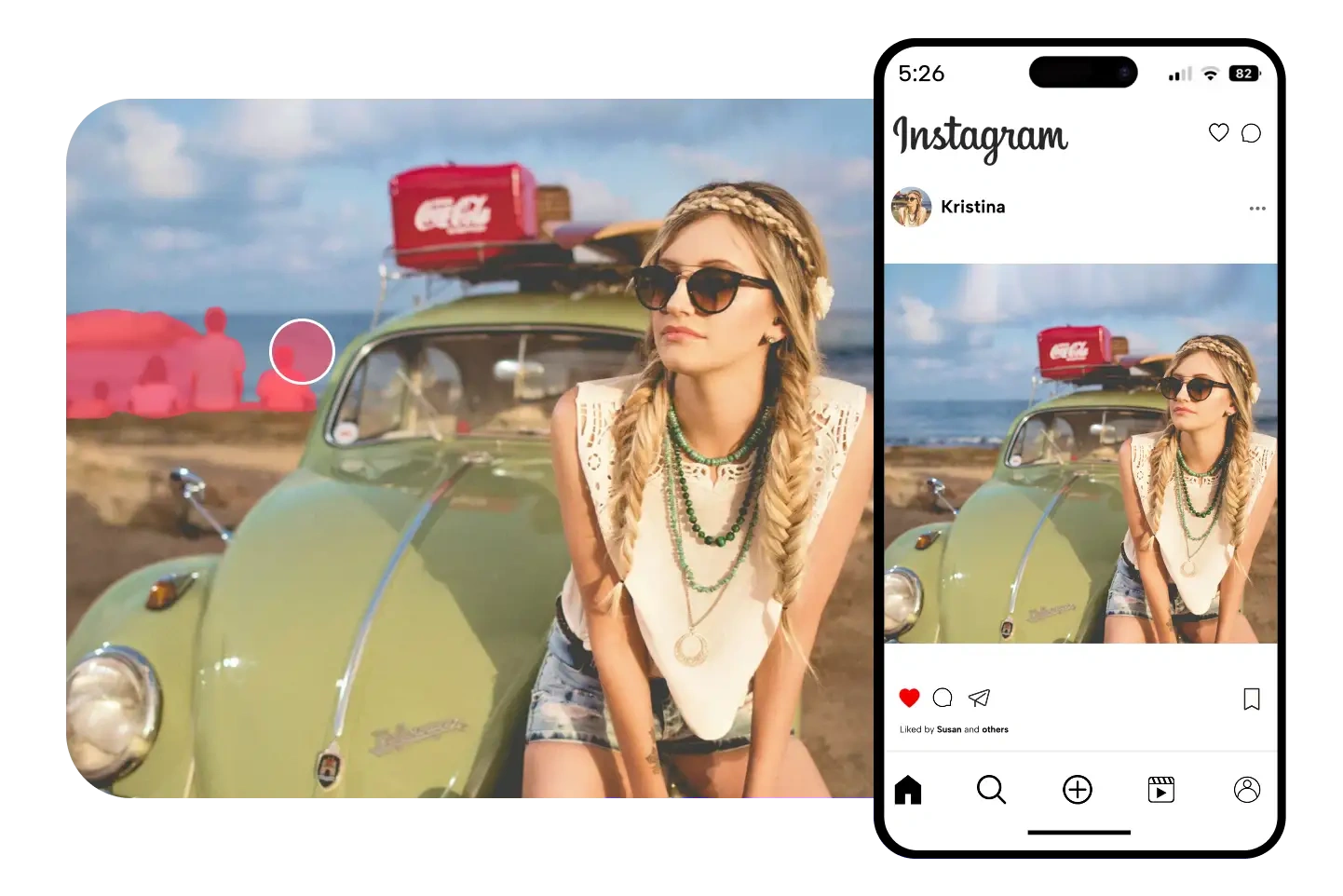 Erase people behind the car and present the optimized photo on Instagram