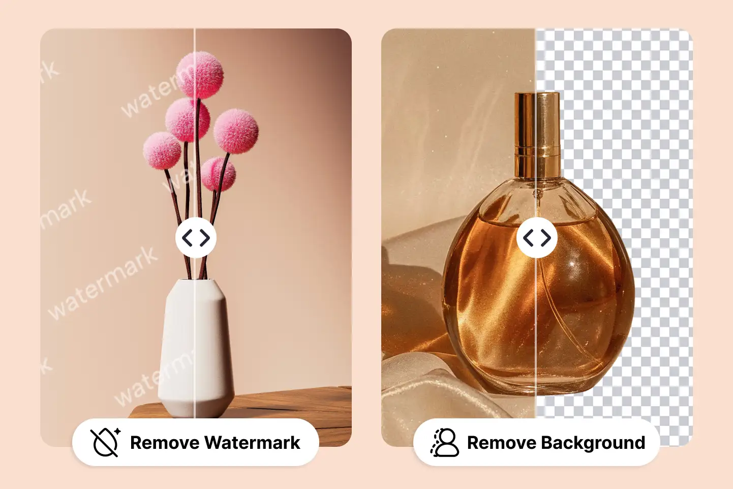Left side shows image with watermark, right side shows background removed from perfume product