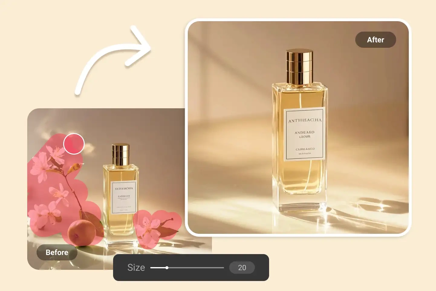 AI removes floral decorations from perfume shots to highlight the product itself