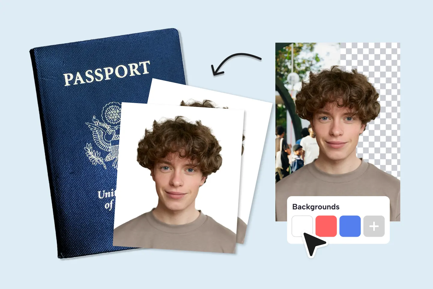 Foto de passaporte com troca rápida para fundo branco, vermelho ou azul
