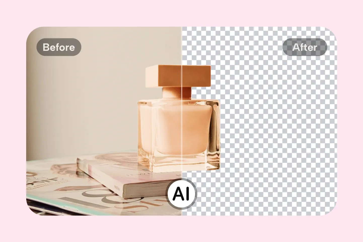 Comparação antes e depois da troca de fundo em imagem de perfume