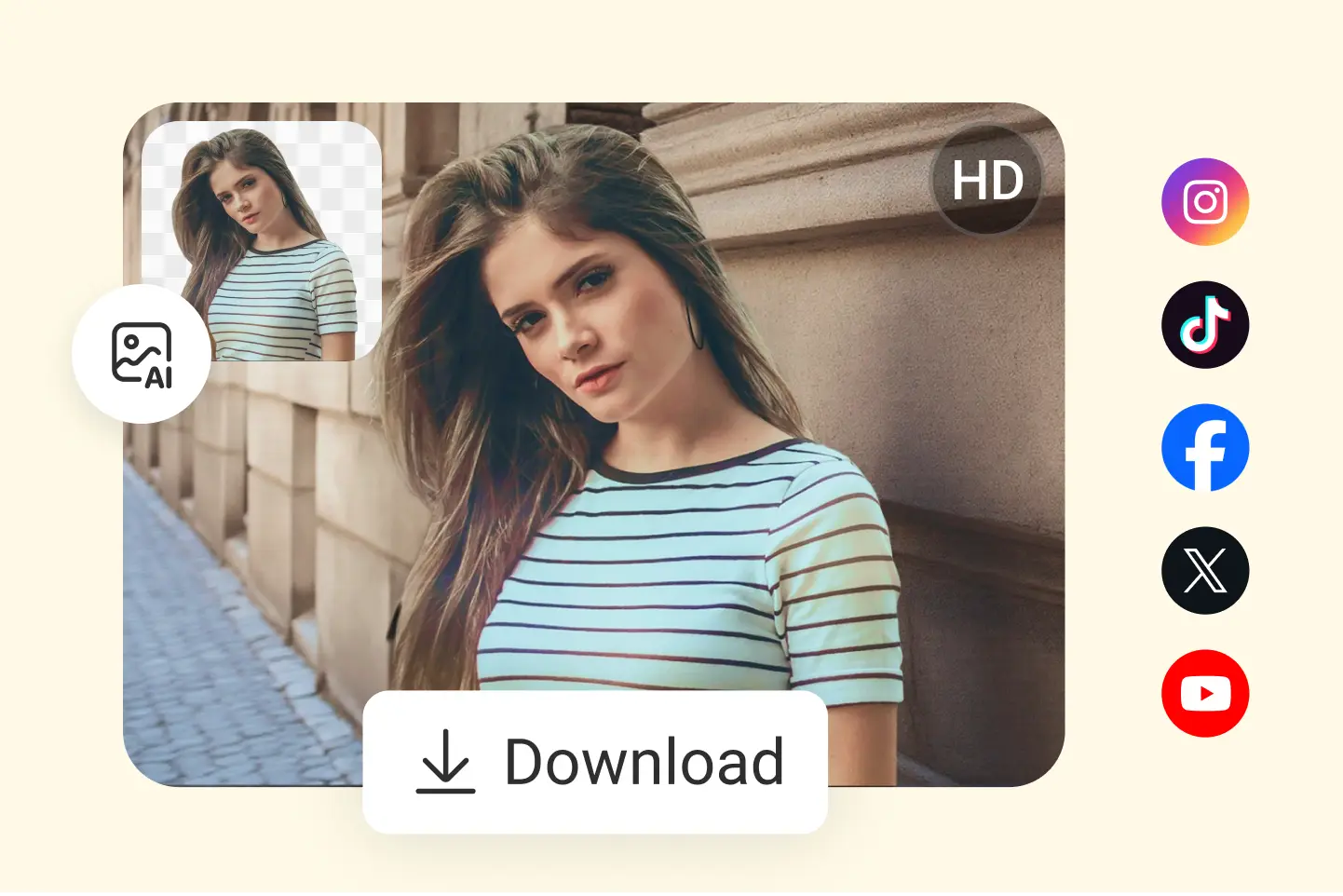 使用在线抠图处理的人像，可导出高清透明图，用于 Instagram、TikTok 和 Facebook 分享