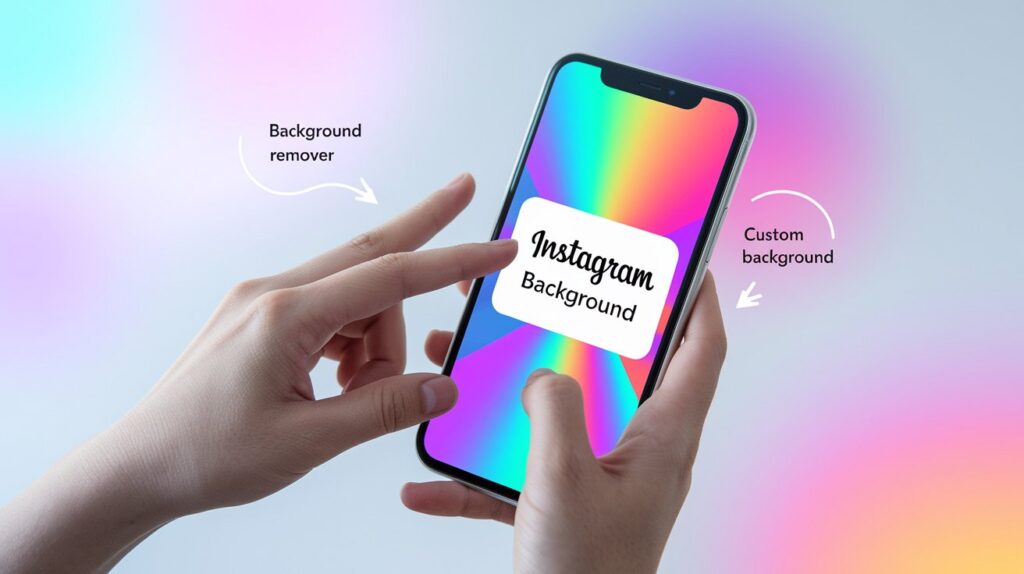Hands holding a smartphone with a rainbow gradient background labeled “Instagram Background,” illustrating the process of removing and customizing Instagram Story backgrounds using a background remover tool. Arrows and text show “Background remover” and “Custom background.
