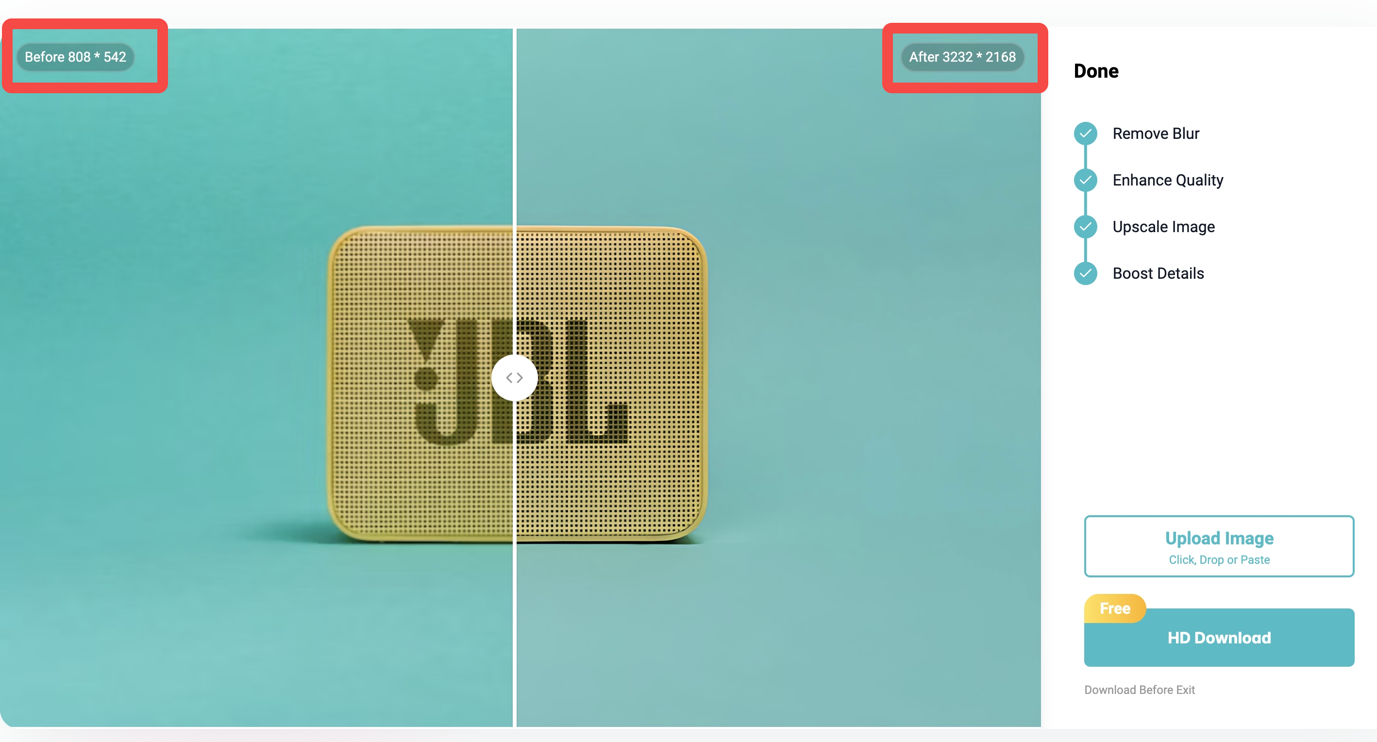 Side-by-side product photo showing how AI enhancement improves clarity. Image resolution increased from 808×542 to 3232×2168, making logos and textures more visible—ideal for online store visuals.