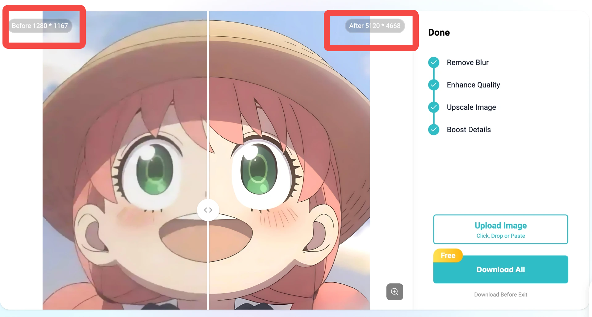 AI upscaling applied to anime-style artwork. Resolution boosted from 1280×1167 to 5120×4668, restoring sharp outlines and vibrant color. Great example of how to upscale anime images with AI tools.
