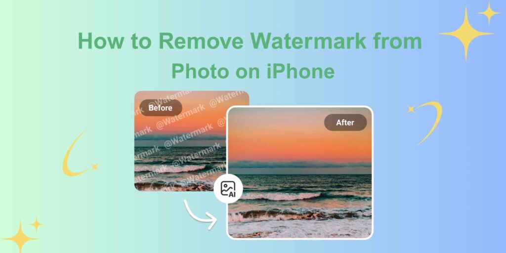 How to Remove Watermark from Photo on iPhone – before and after example showing a beach image cleaned with AI