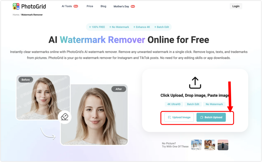 Screenshot of the PhotoGrid AI watermark remover webpage showing upload buttons and before-after examples of portrait photos cleaned from visible watermarks.