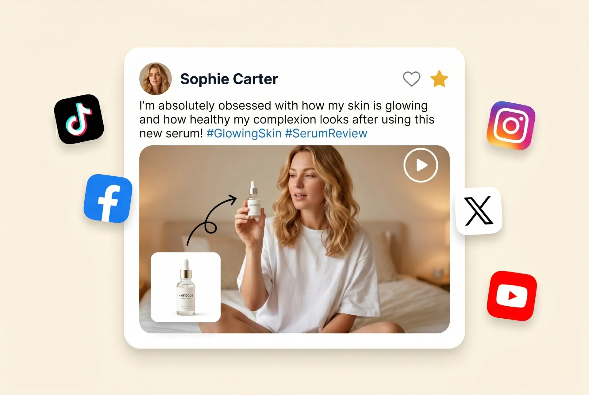 Vídeo de un producto de cuidado de la piel e iconos de plataformas sociales