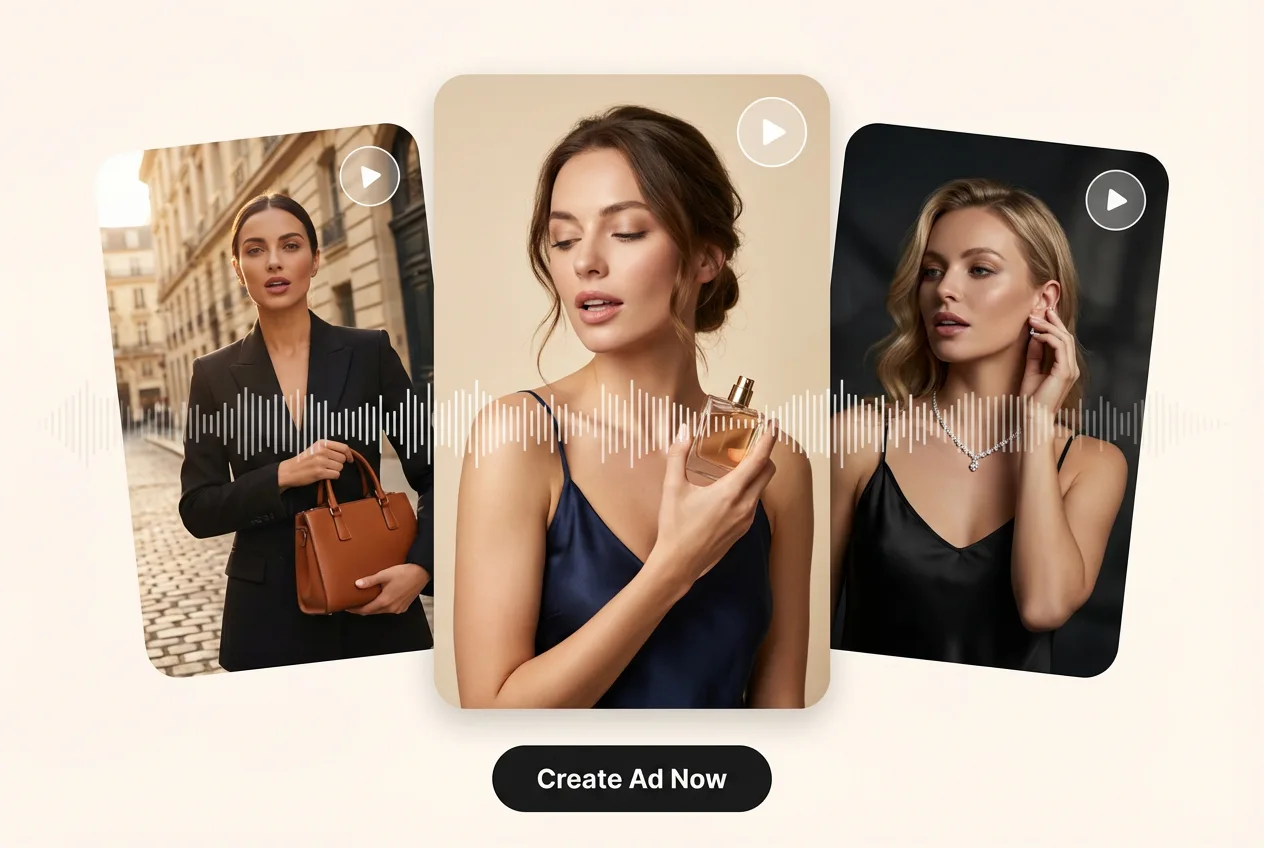 Ejemplos de anuncios con IA de bolsos, perfumes y joyas
