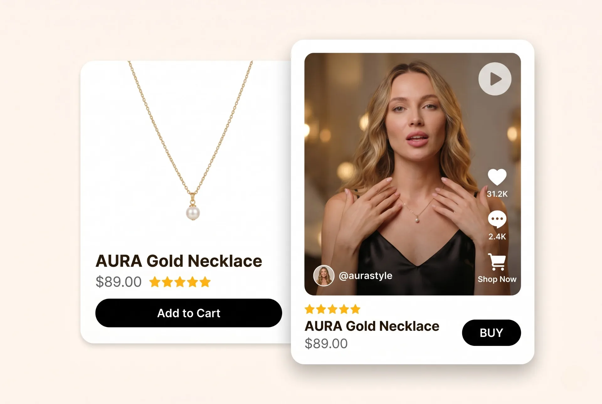 Ficha de joyería junto a un vídeo de una presentadora con el collar