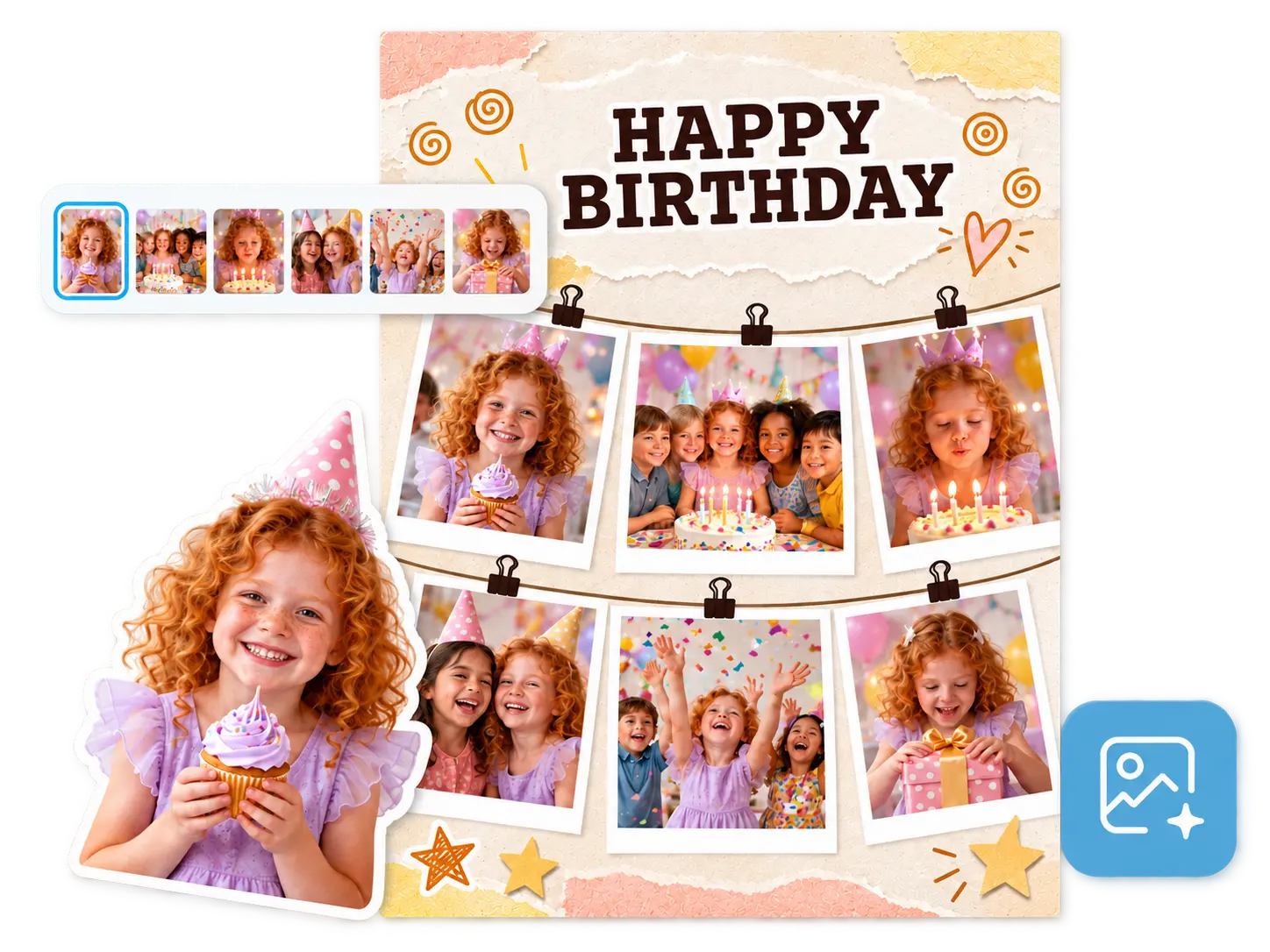 AI birthday collage maker preview with celebration photos