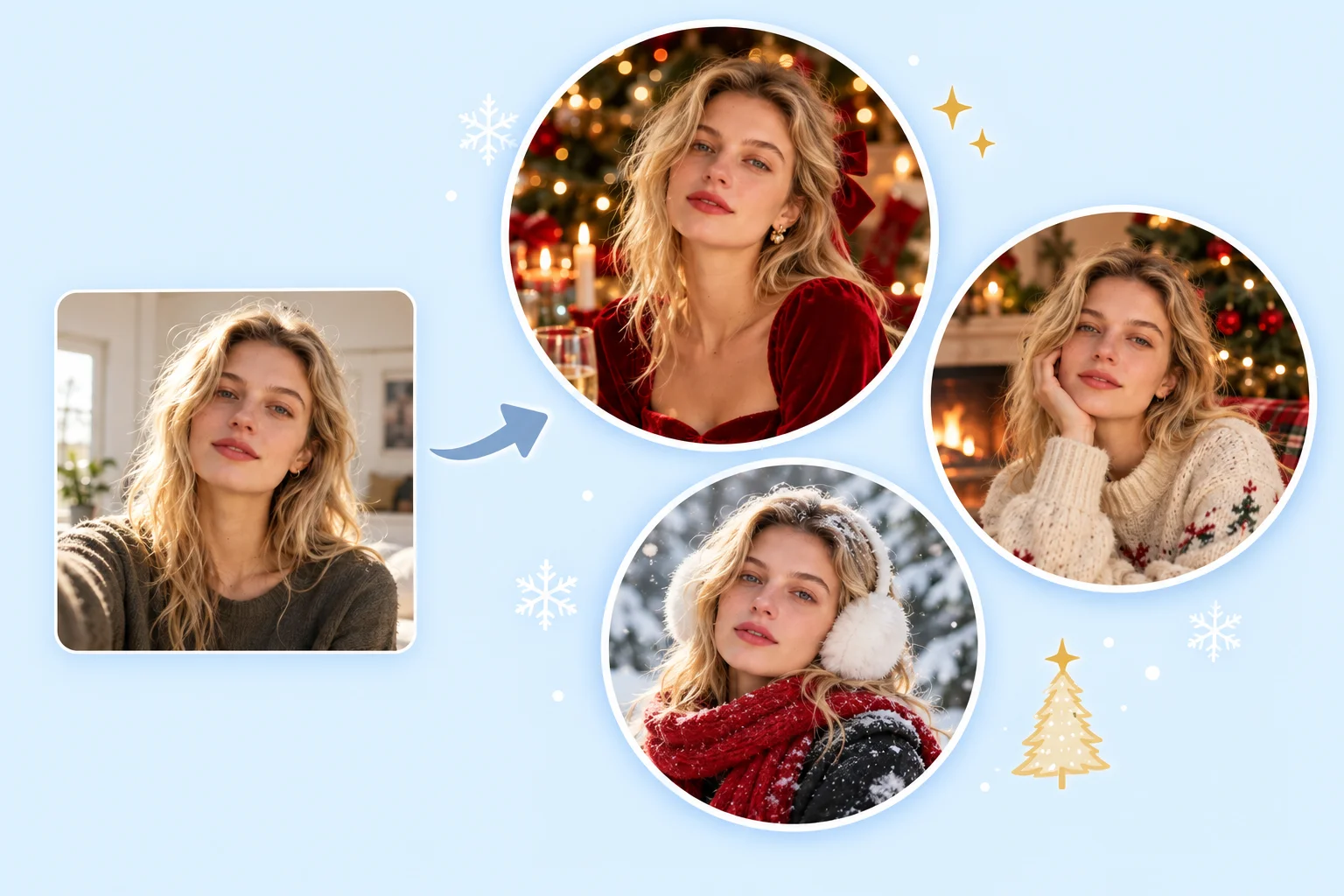 The same face in different Christmas scenes