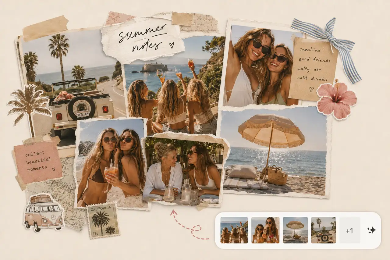 AI summer scrapbook collage generated from uploaded beach vacation photos