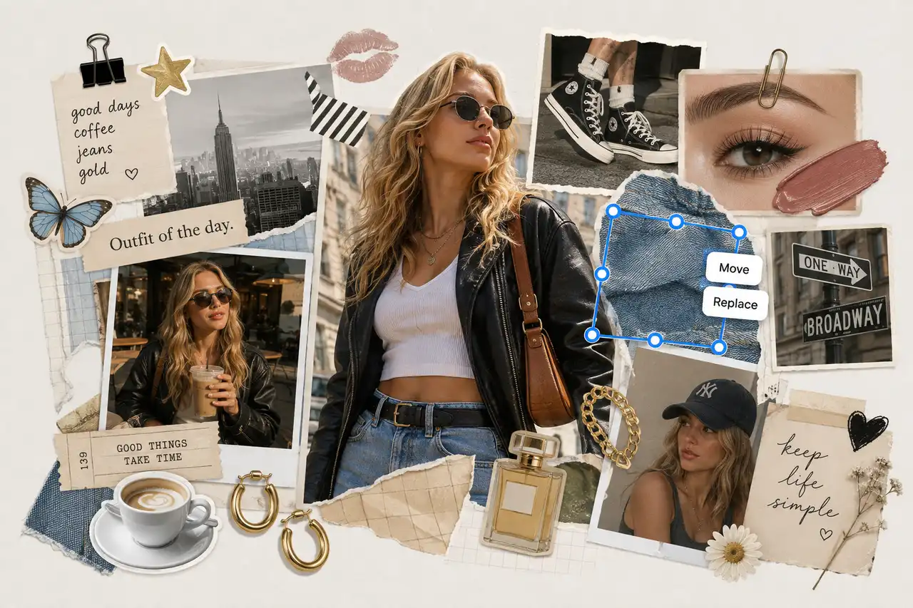 Editable fashion scrapbook collage with a selected photo panel and Move and Replace controls
