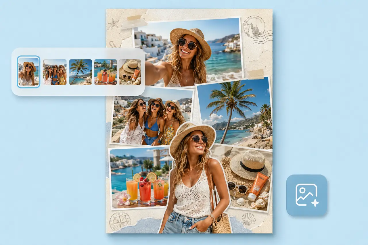 High-resolution AI travel collage generated from uploaded beach vacation photos