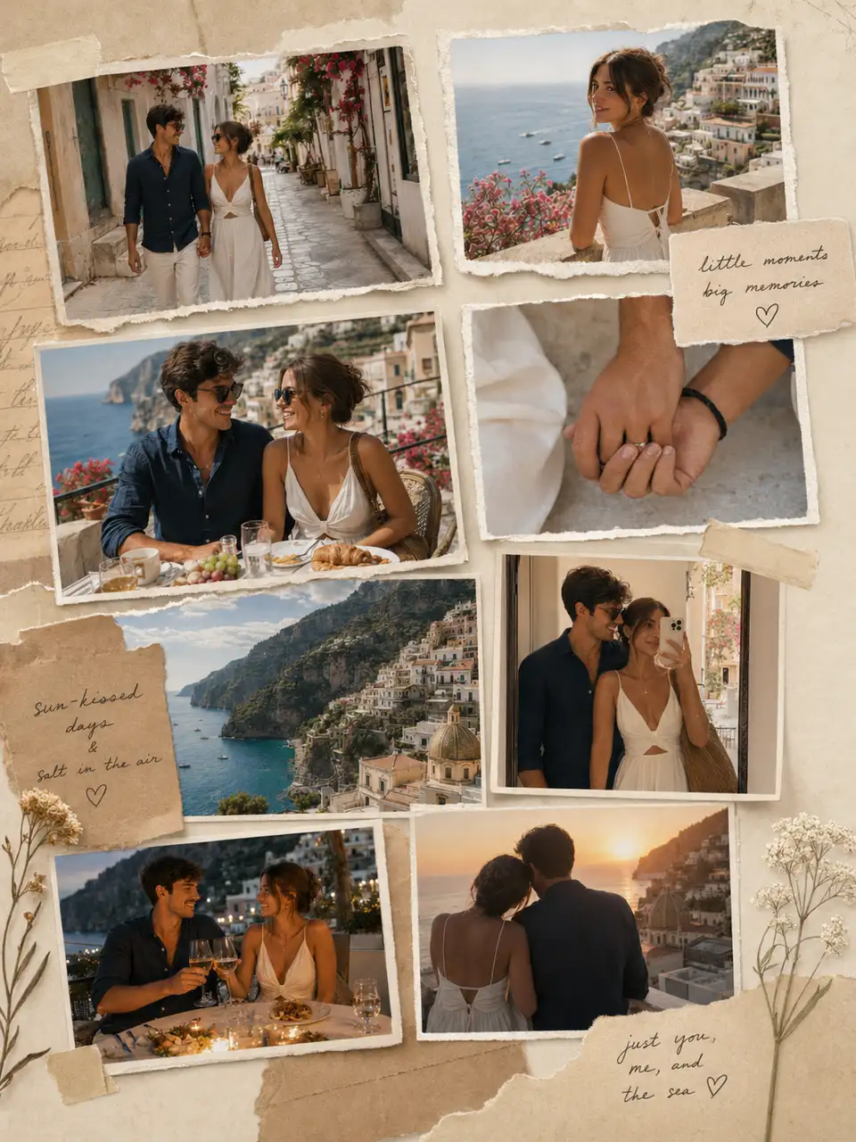 Scrapbook-style travel collage of a couple on the Amalfi Coast with torn paper edges and handwritten notes