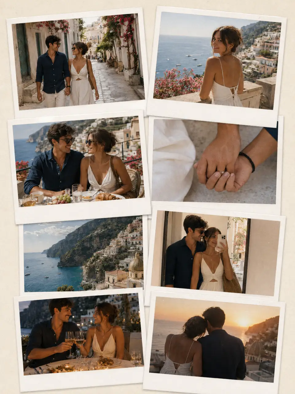 Polaroid-style travel collage of a couple on the Amalfi Coast