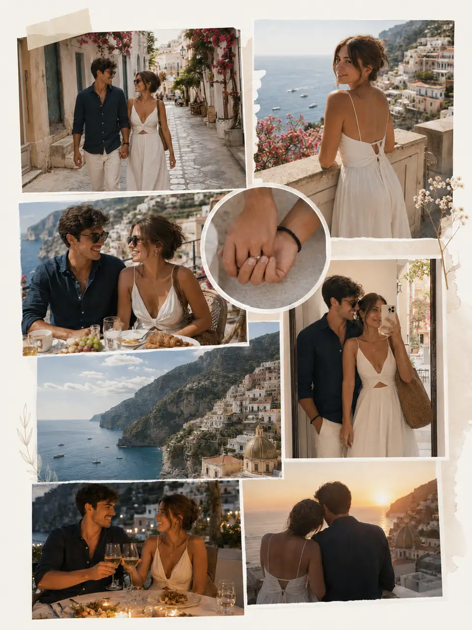 Aesthetic travel collage of a couple with layered photos and soft neutral tones