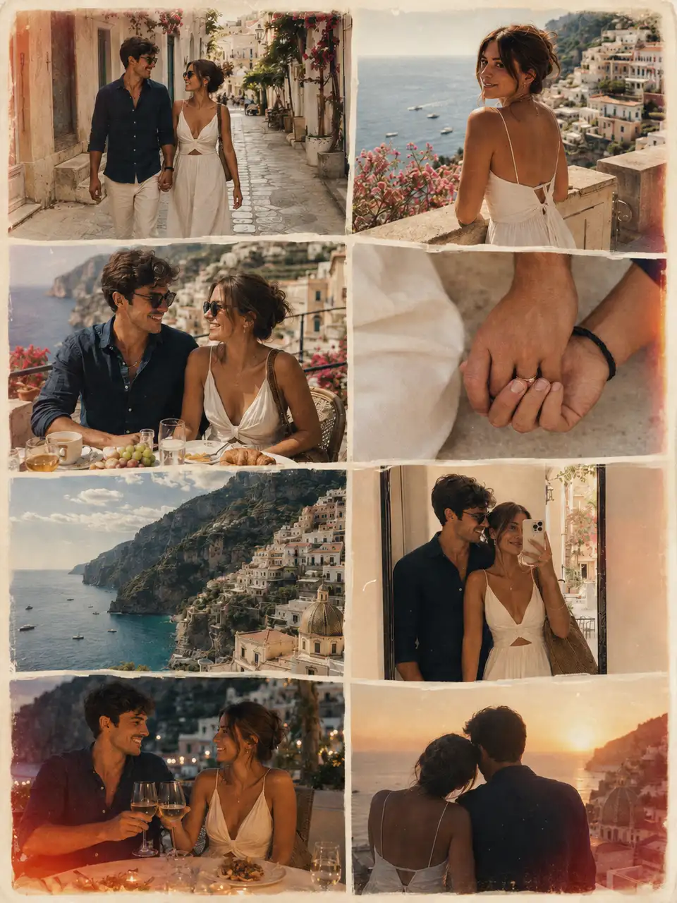 Vintage film-style travel collage of a couple on the Amalfi Coast