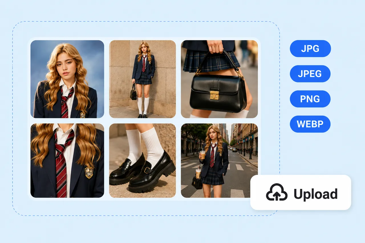 Upload area showing school outfit photos and supported image formats