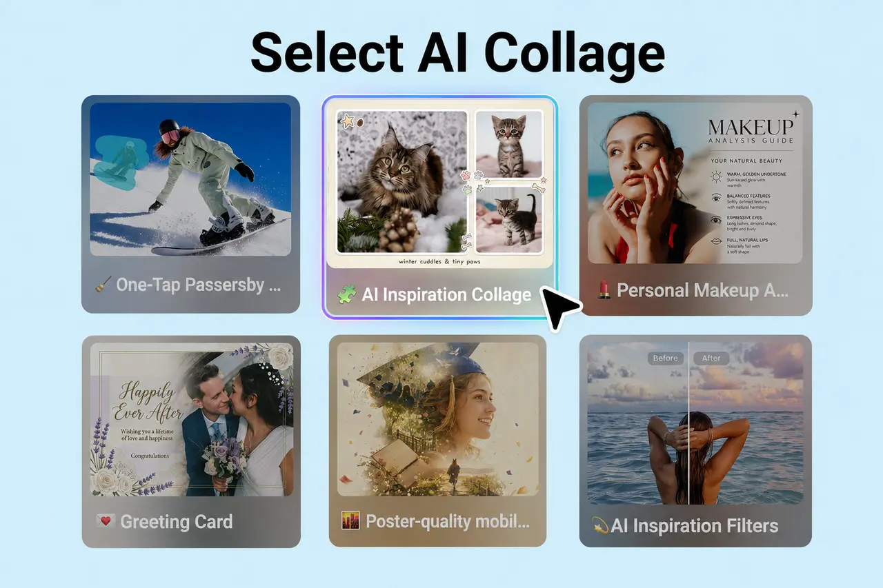 AI Collage selection screen with inspiration, greeting card, and filter options