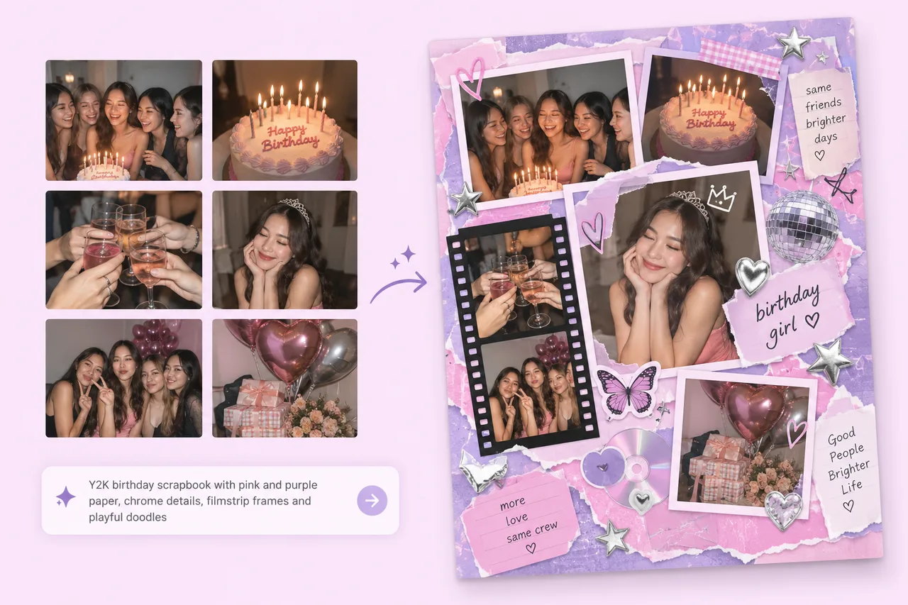 AI digital scrapbook maker preview with layered scrapbook photos