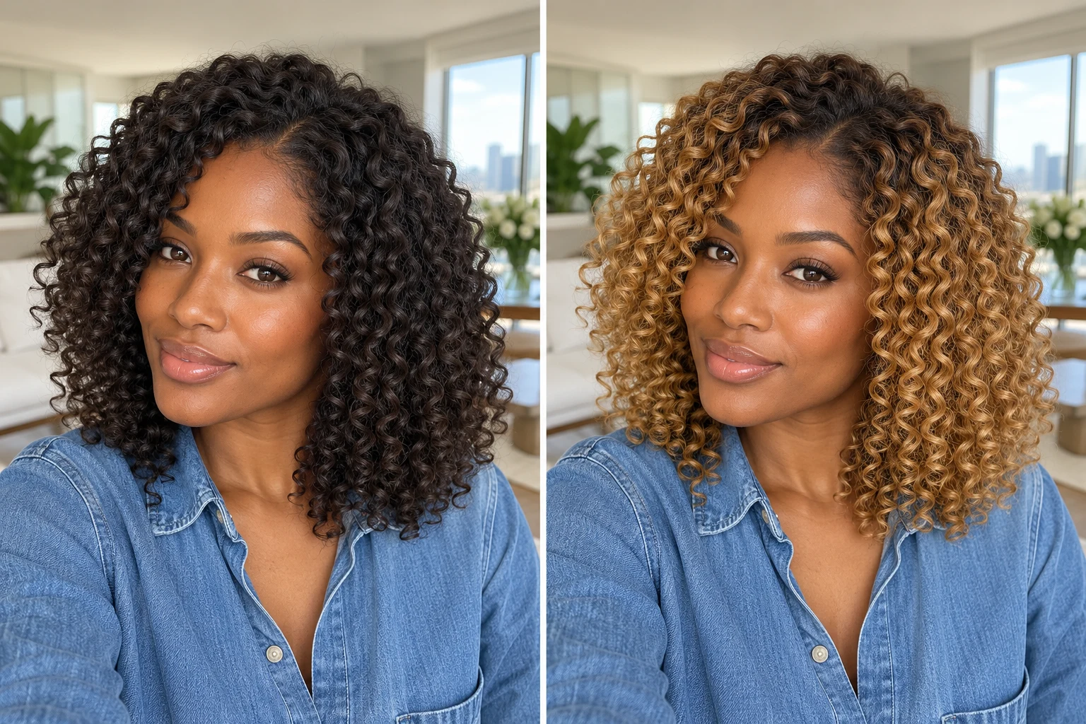 Natural dark curls compared with honey blonde curls