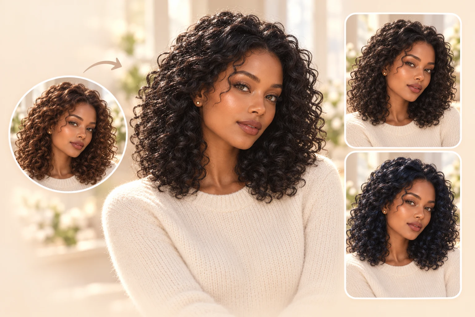 Original brown curls compared with black and blue-black shades