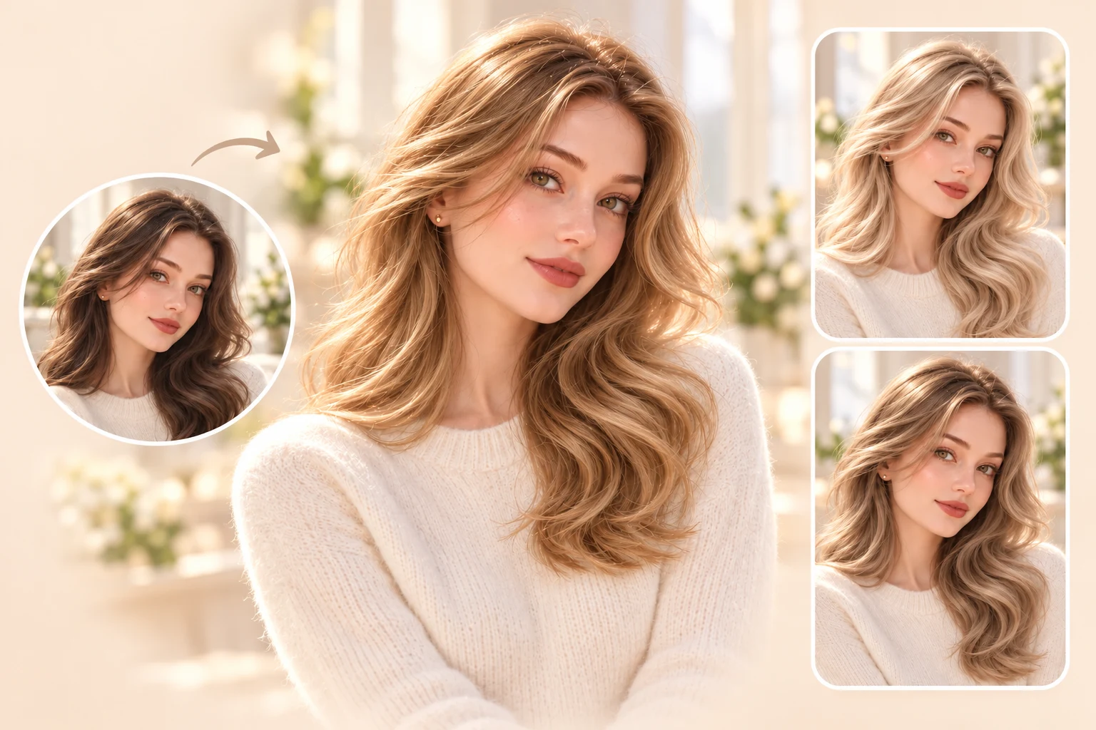 Original brunette hair compared with blonde shades on the same woman
