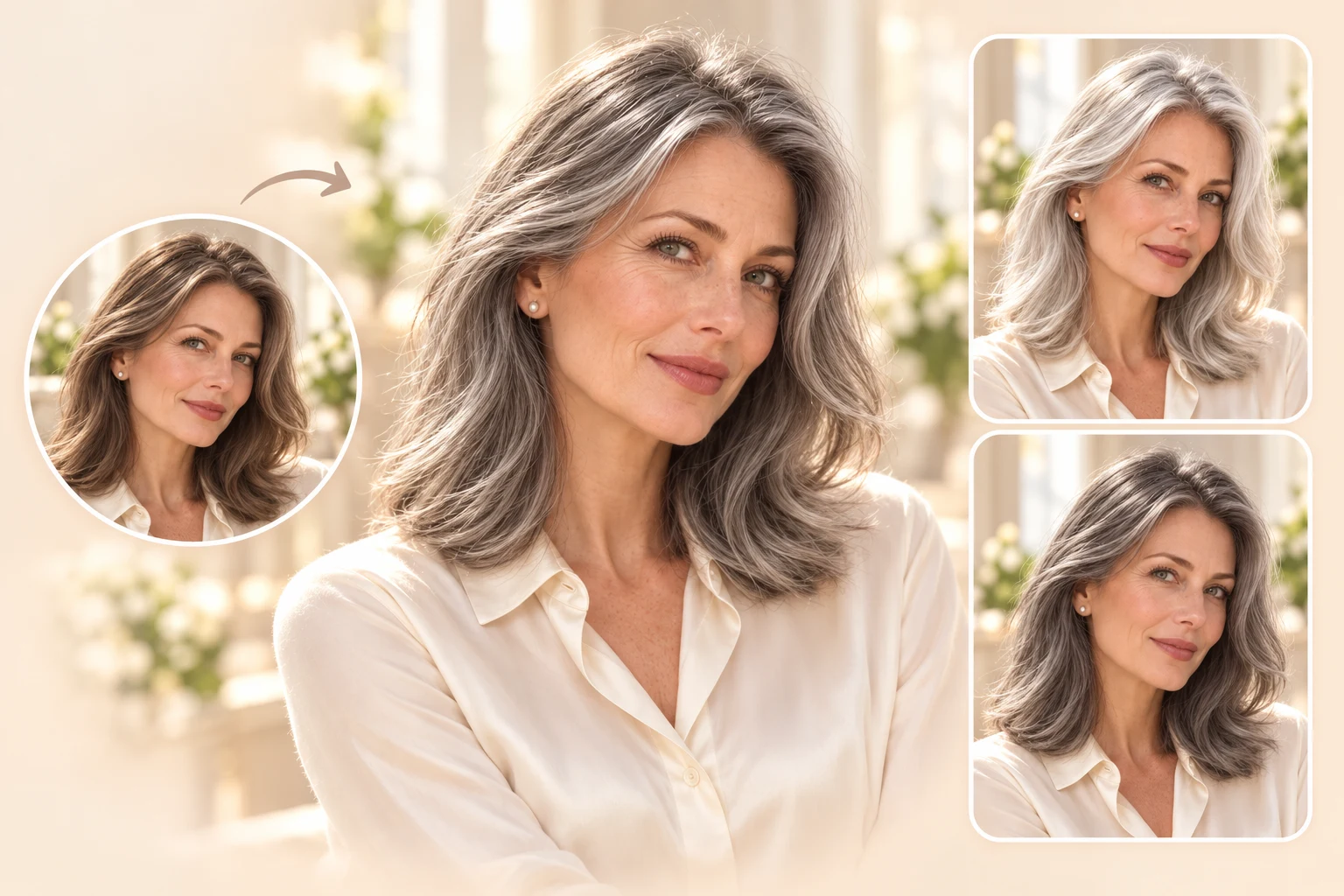 Original brown hair compared with gray and silver shades