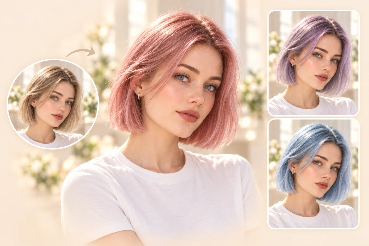 Original blonde bob compared with pastel pink, lavender, and icy blue shades