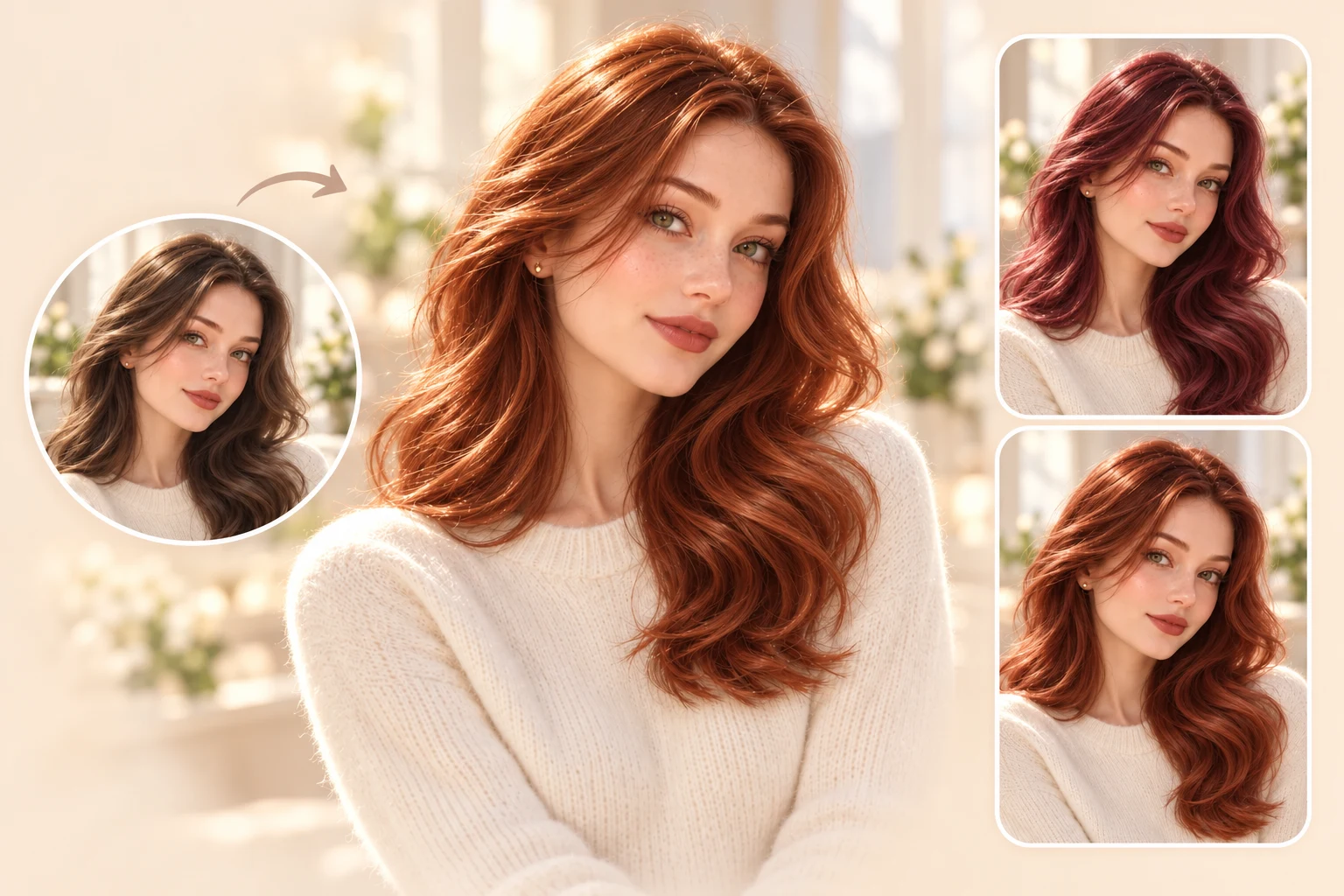 Original brunette hair compared with copper, burgundy, and auburn shades