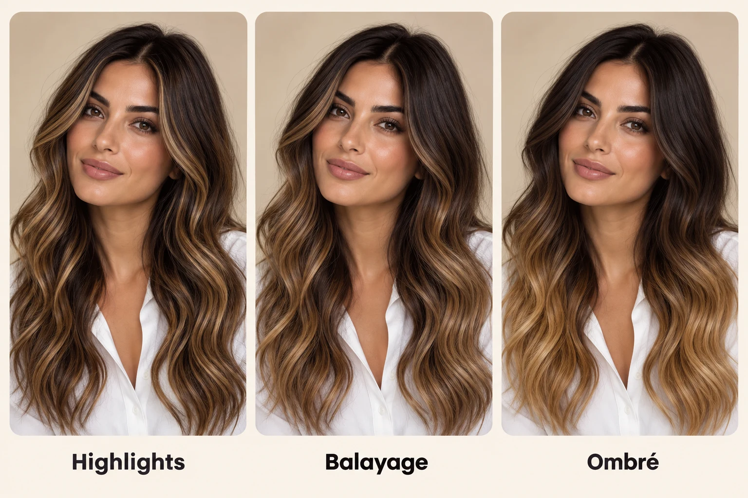Highlights, balayage, and ombré compared on brunette hair