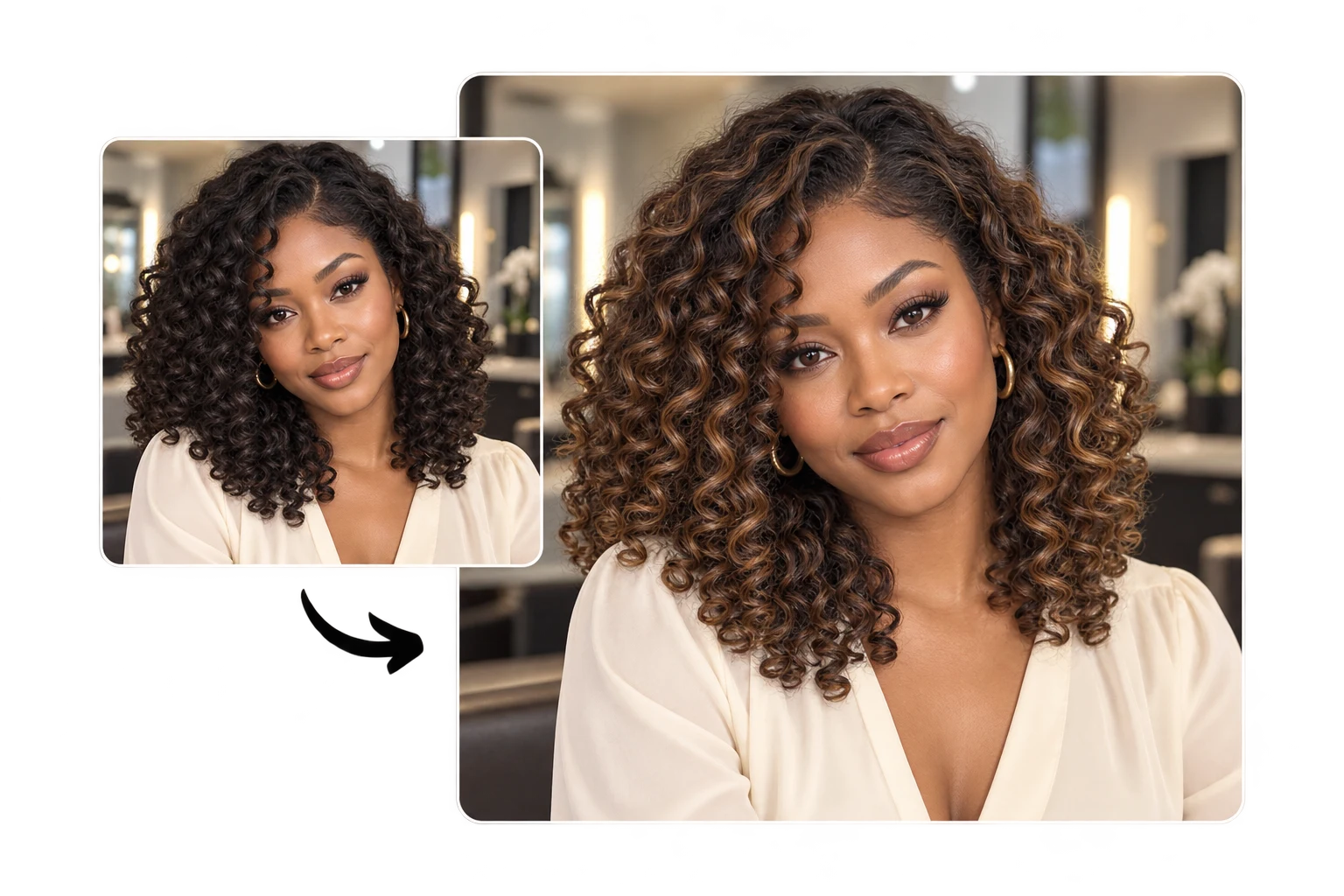 Dark curls compared with caramel highlights for a stylist consultation