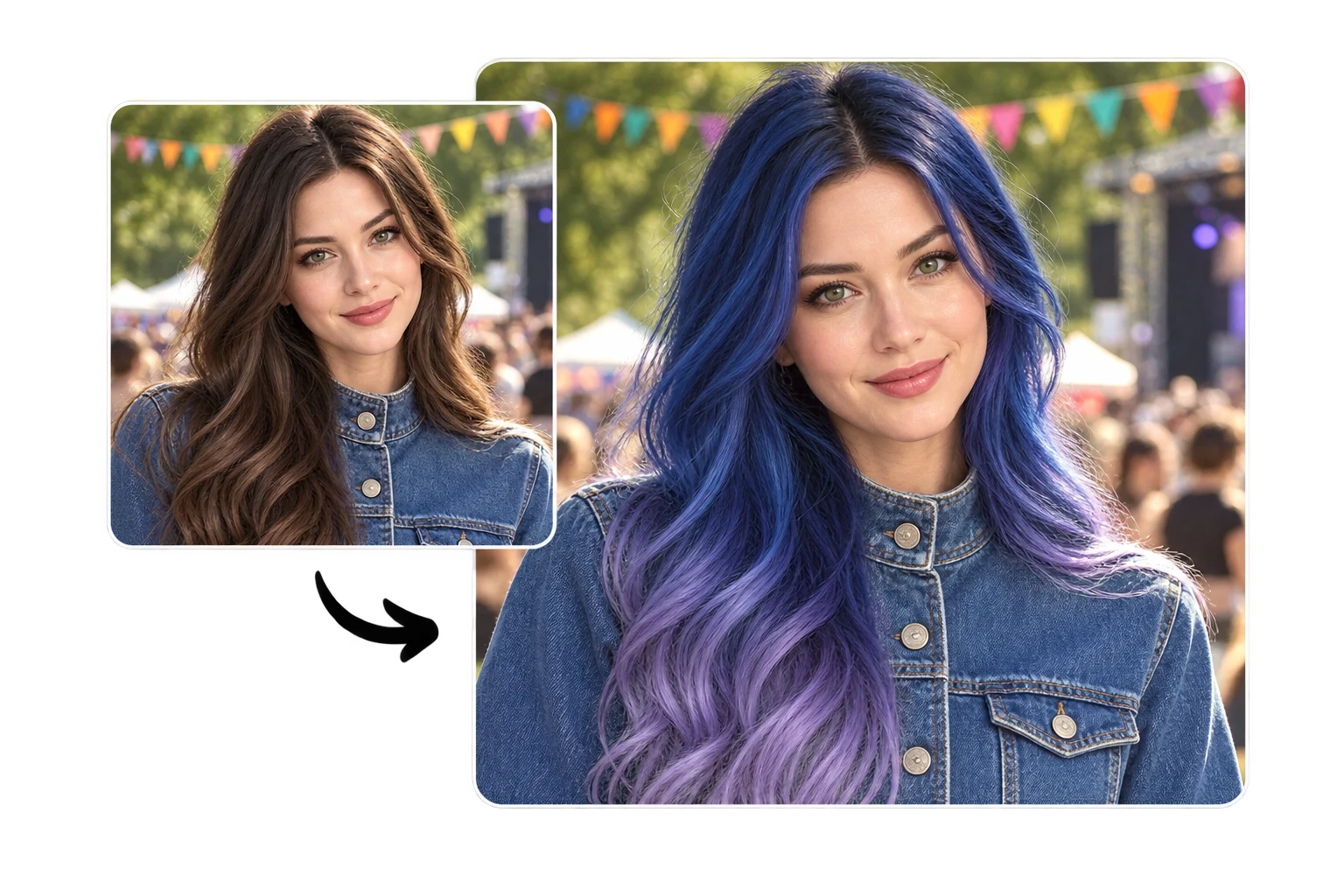 Brown hair compared with a blue-to-purple gradient for a festival