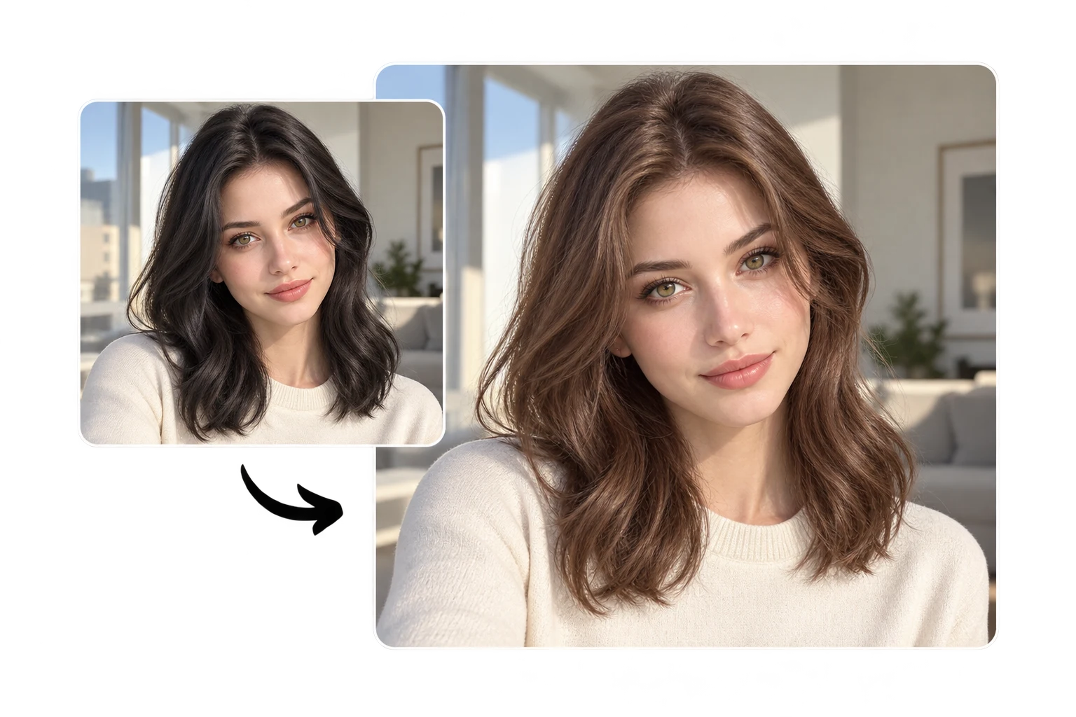 Dark brown hair compared with warm chestnut for a first hair dye preview