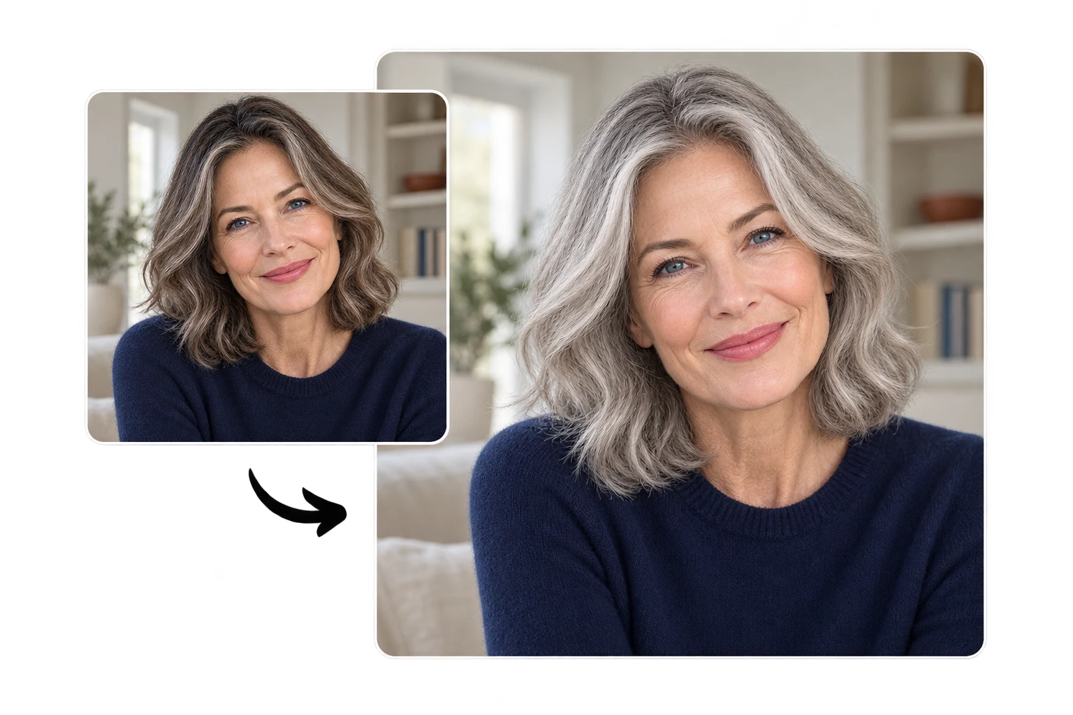 Salt-and-pepper hair compared with silver-gray hair on the same woman